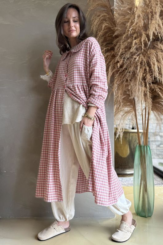 Annie Gingham Peter Pan Frock Coat Soft Coral